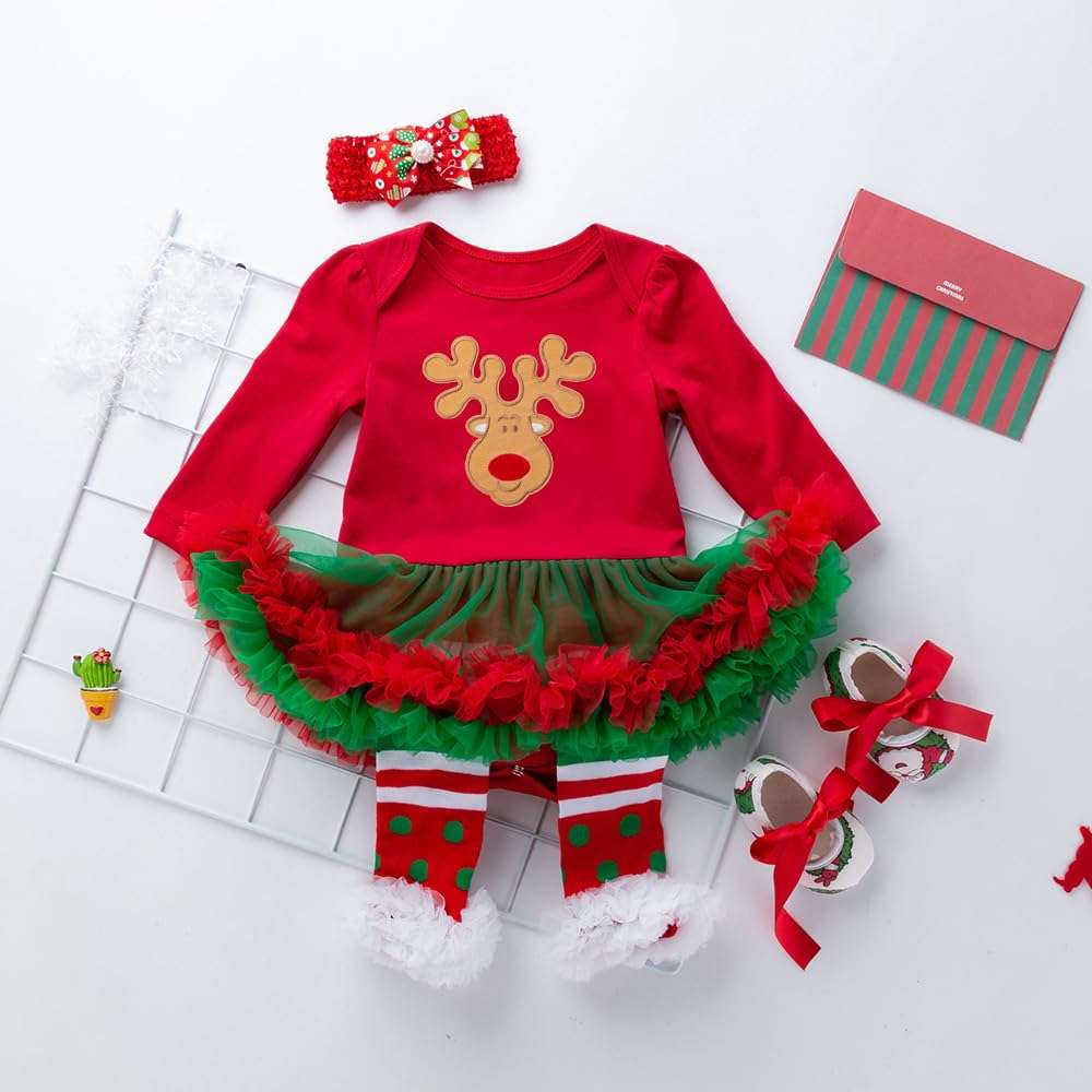 HUAANIUE Newborn Baby Girl Christmas Outfit Romper Tutu Dress With Headband Leg Warmer Shoes RedGreen 6-12 Months 5