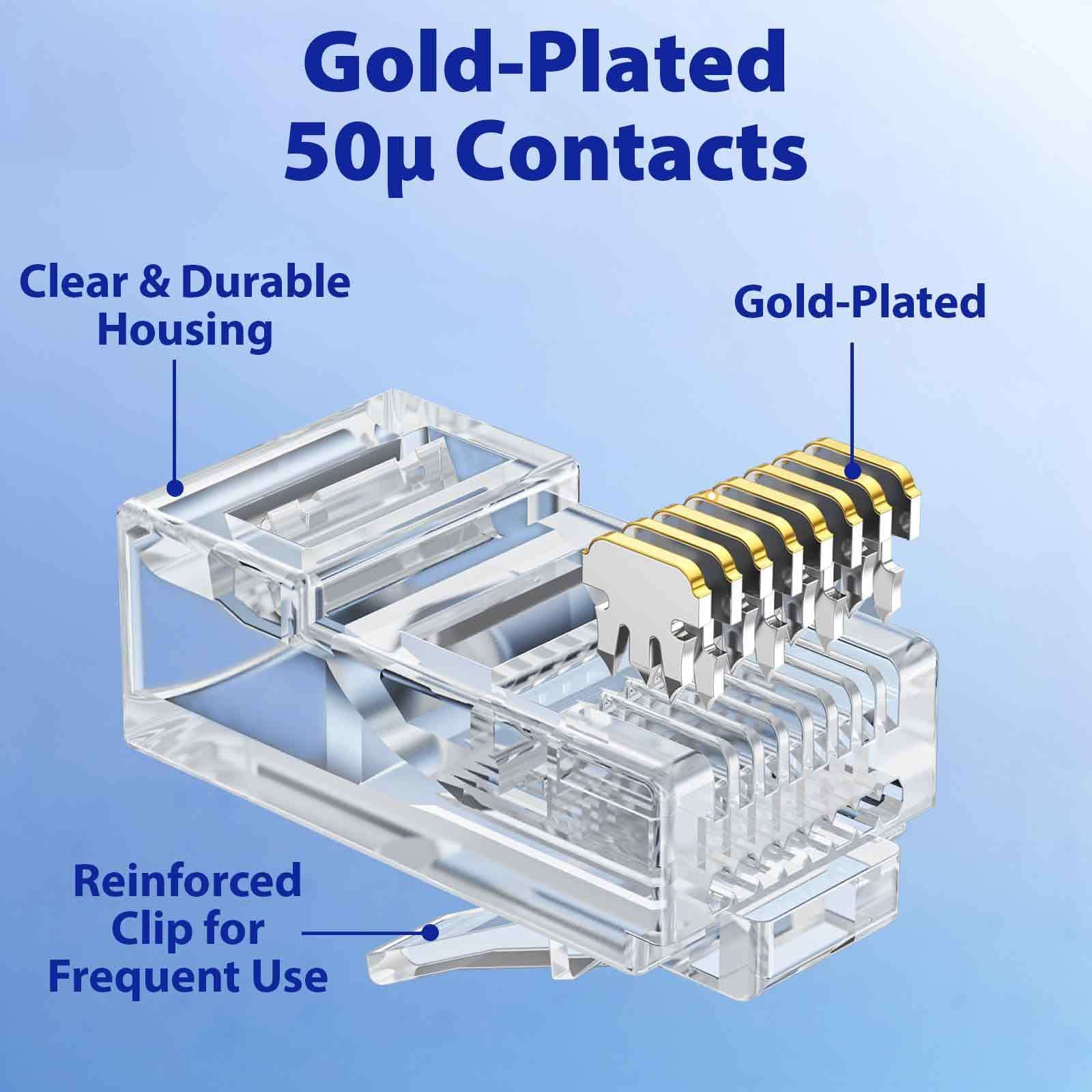 Cyberguys! CAT6 UTP Pass Through RJ45 Connectors – 50-Pack Gold-Plated 50μ 8P8C Modular Plugs, Supports 24–25AWG Ethernet Cables, 10Gbps High-Speed Network Ends, Easy Install with Crimp Tools 50-Pack 6