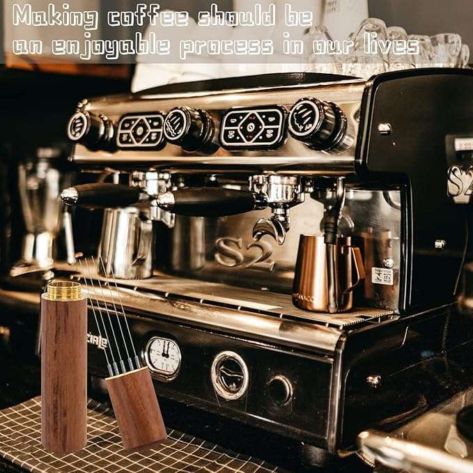 Bindex Espresso Coffee Stirrer, Espresso Distribution Tool Coffee Stirring Tool,Professional Barista Hand Needle Type Distribution Tool 5 Needles 0.4mm Natural Wood Handle and Stand 6