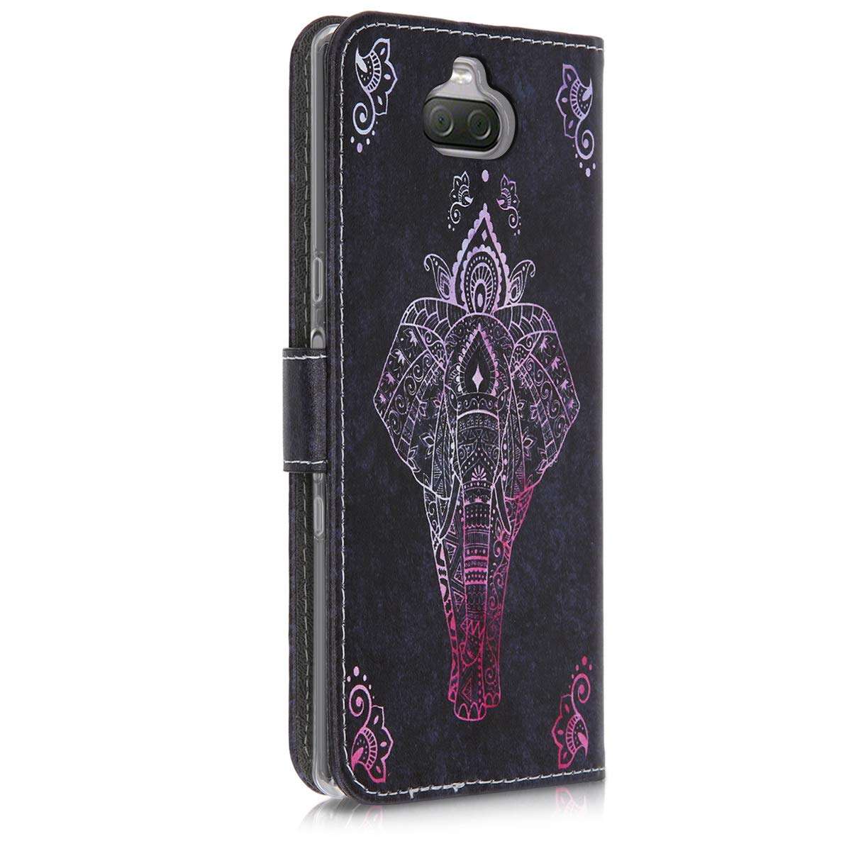 kwmobile Wallet Case Compatible with Sony Xperia 10 - Case Faux Leather Cover - Elephant Sketch Dark Pink/Anthracite 3