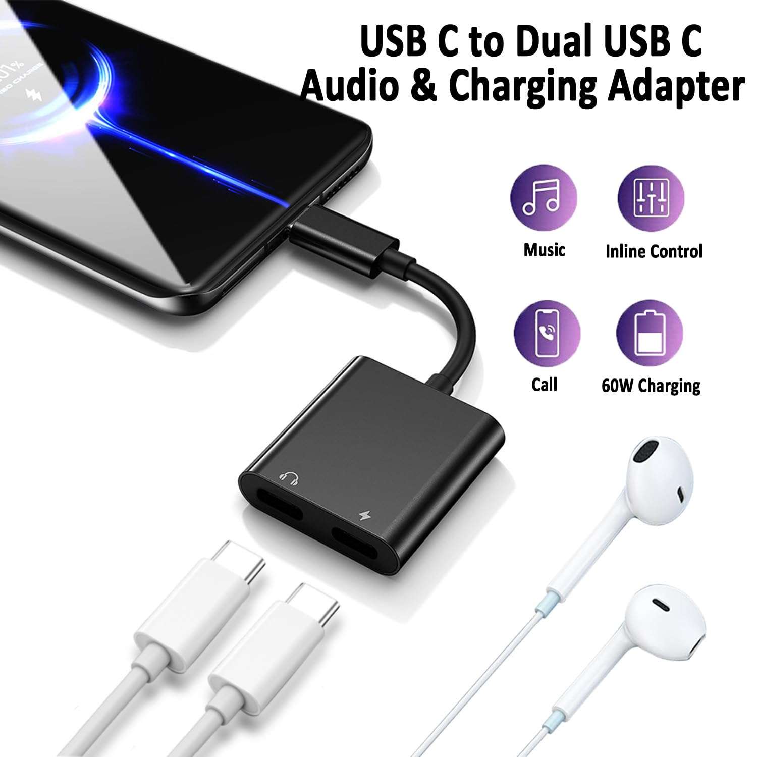 USB C Splitter for iPhone 15, Dual USB C Audio and Charge Adapter 60W Fast Charge Fit with iPhone 15 Pro Max Plus, Galaxy S23 S22 Ultra/S21/Note 20, Google Pixel 7 6 Pro 5, i-Pad Pro (Not for Data) 2