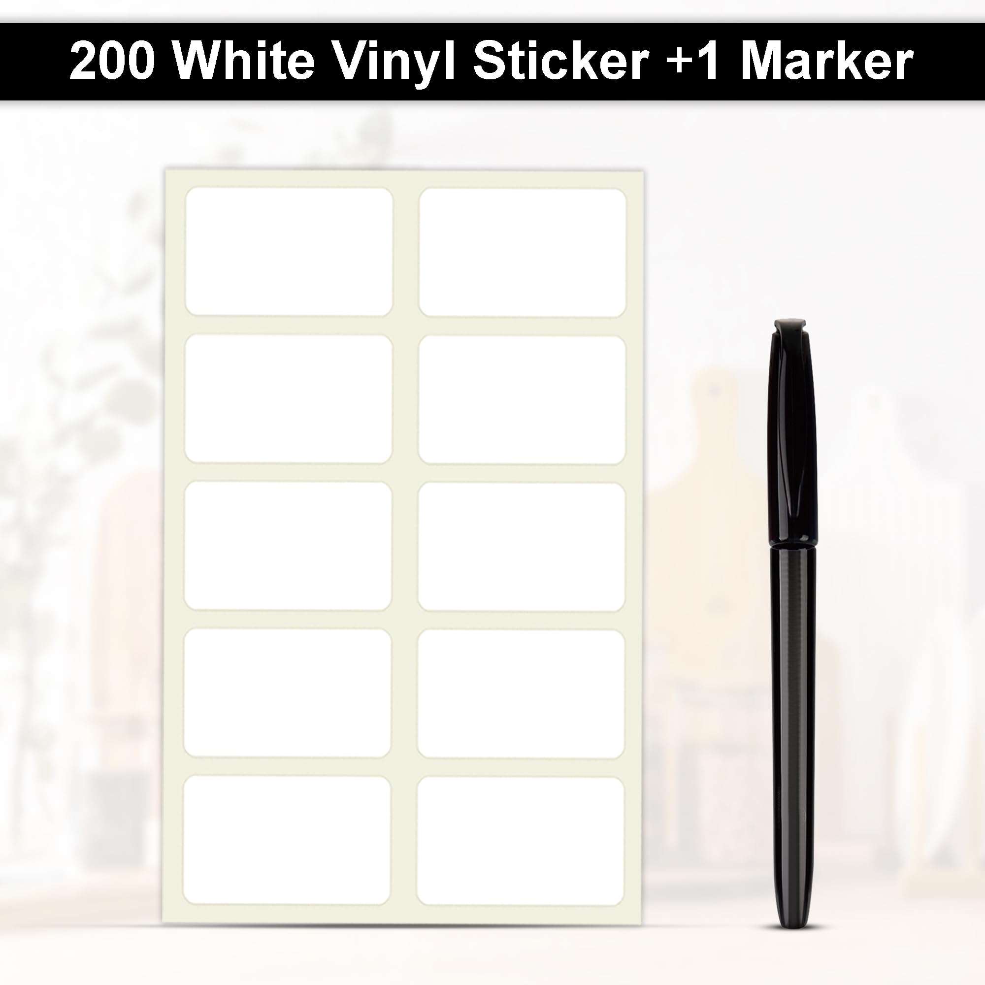 GLUN ® 200 Pcs Waterproof Pearl White Vinyl Stickers Self Adhesive (No Residue) with Black Marker for Mason Jars Glass Bottles, Decals Craft, Kitchen Jar Labels Bottle Stickers 25x50mm 4