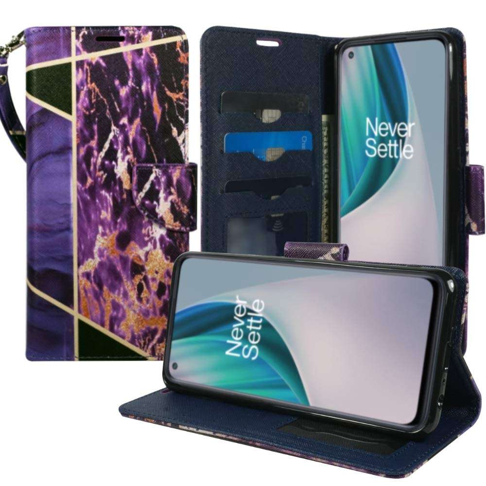 Zase Design for OnePlus Nord N10 5G Wallet Phone Case for Women Pouch PU Leather Flip Folio Cute Cover w/Kickstand ID Card Holder Money Slot Wrist Strap for OnePlus Nord N10 5G (Purple Gold Marble) 2