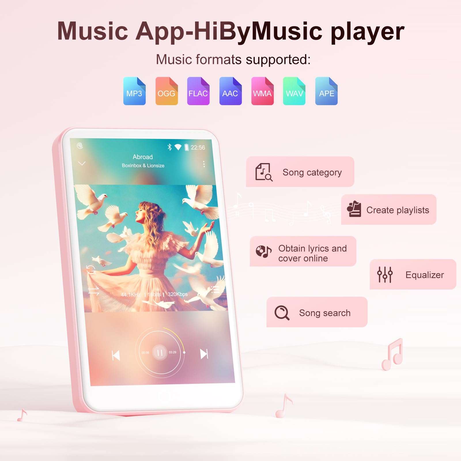 80GB MP3 Player with Bluetooth and WiFi, Android Player with Speaker Mp3 & Mp4 Music Player with Spotify, Amazon Music, Browser, Deezer, 4.0" Touch Screen, Download Music,Up to 512GB (Pink) 4