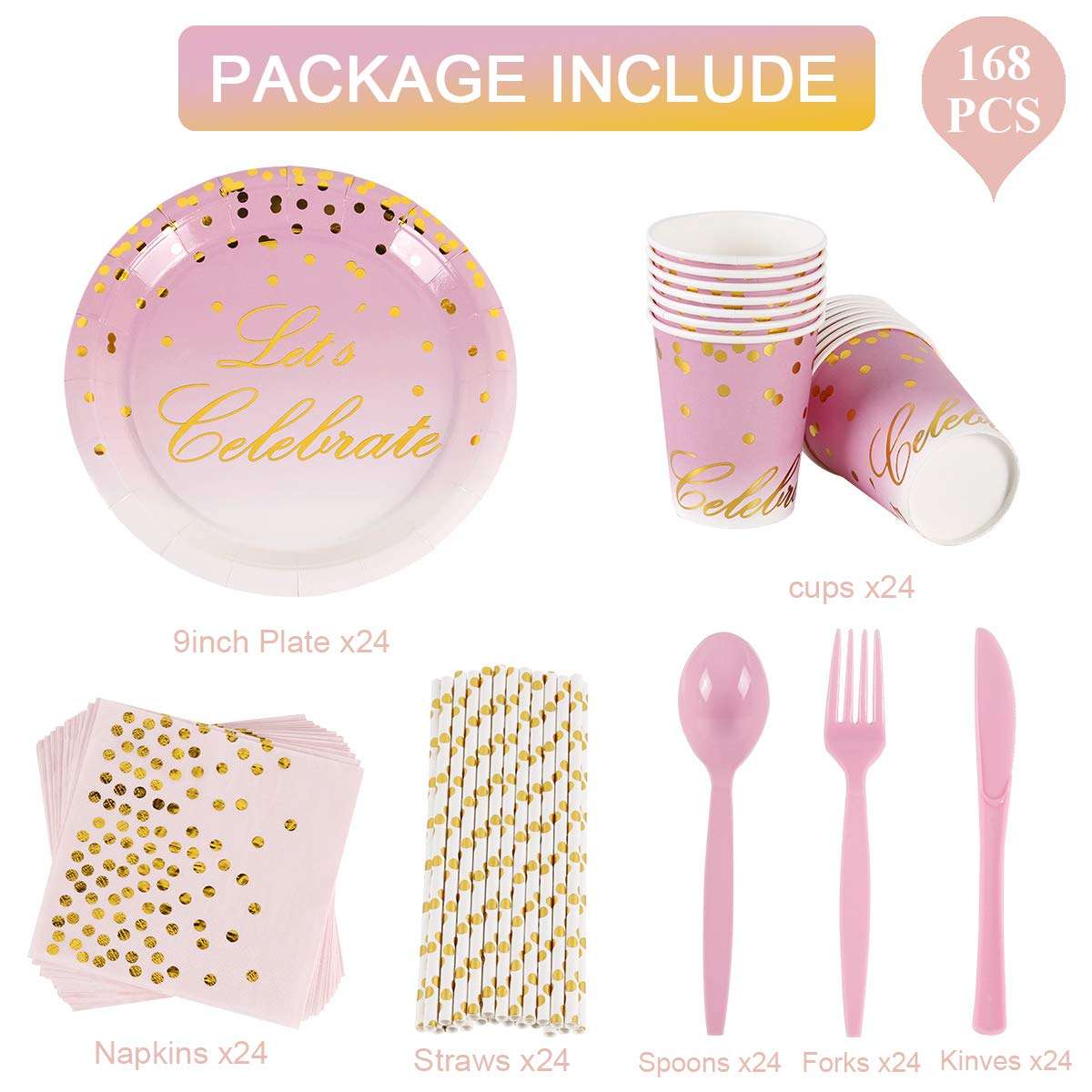 Patimate 168 Piece Pink and Gold Party Supplies | Disposable Dinnerware Set Services 24 | Includes Plastic Knive Spoons Forks Paper Plates Napkins Cups Straws | Birthday Bridal Baby Shower Girls 3