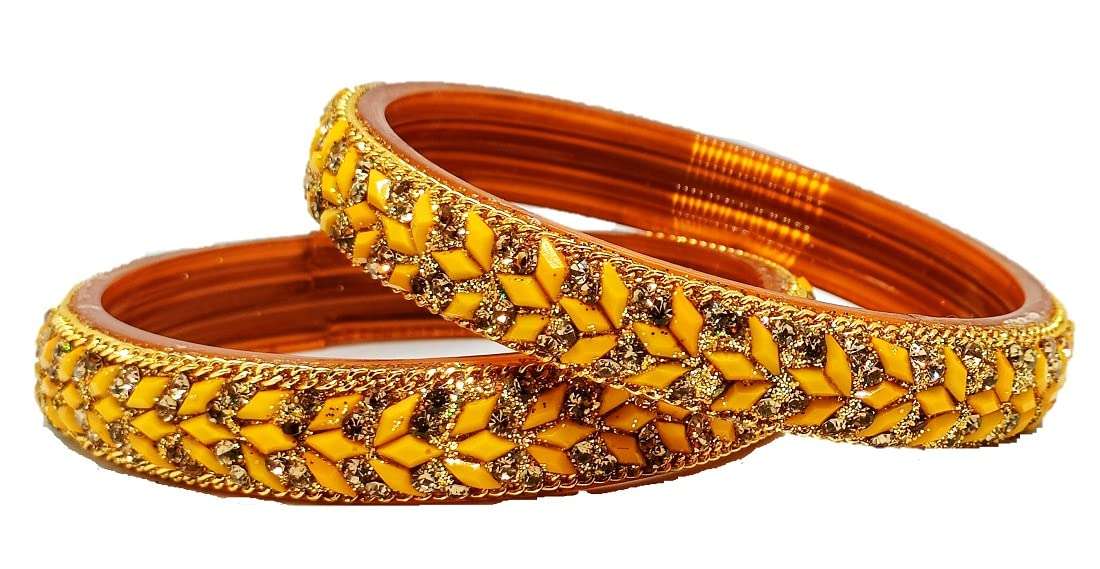 T4 Jewels Designer Glass Bangles/Kada Set Zircon Stones Studded for Women & Girls Specially for Party, Wedding & Marriage - (Set of 2)_Yellow_2.6 1