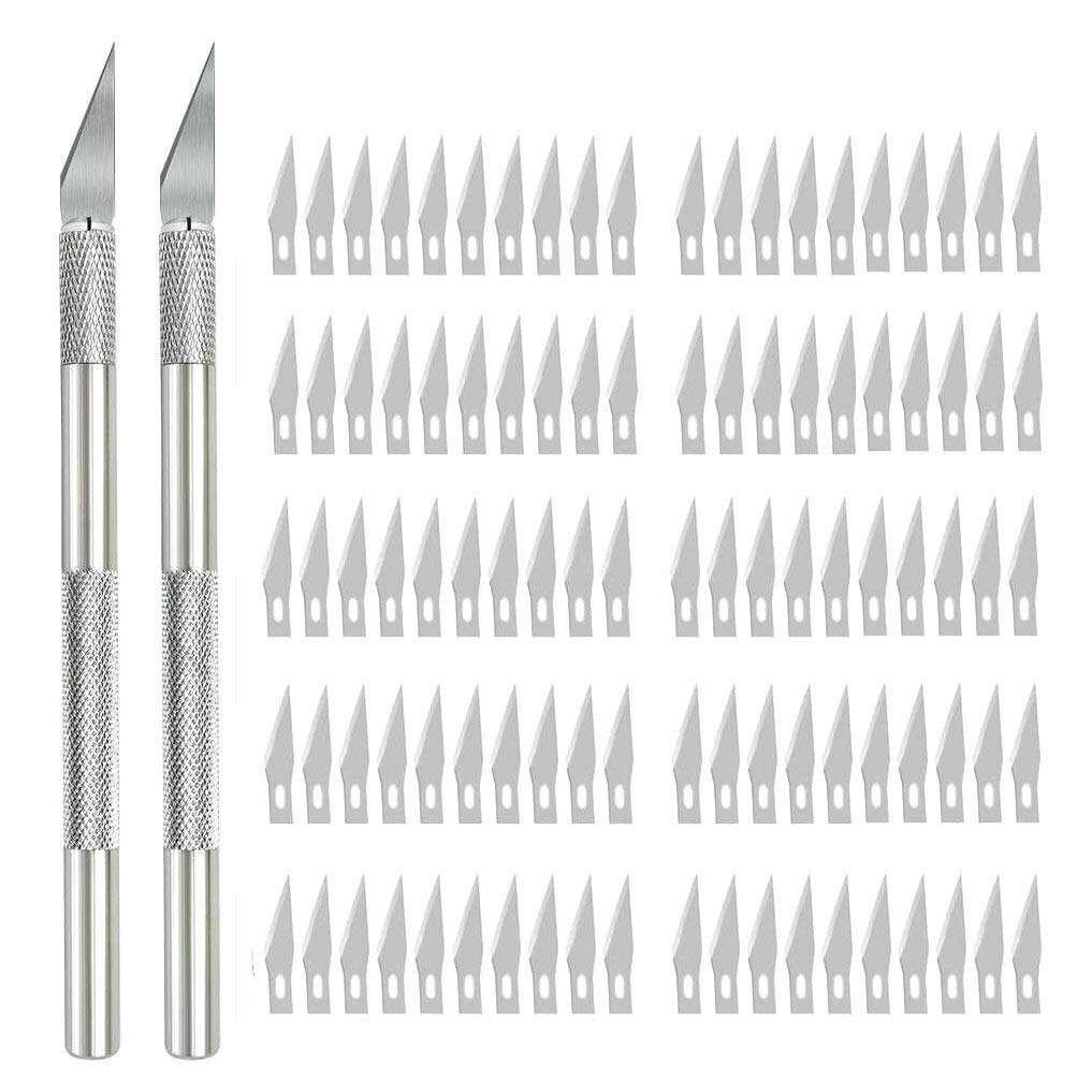 2 Handles and 100 Spare Blades - Precision Carving Craft Knife Stainless Steel Hobby Knives Kit for DIY Art Work Cutting and Trimming,Scrapbooking,Stencil