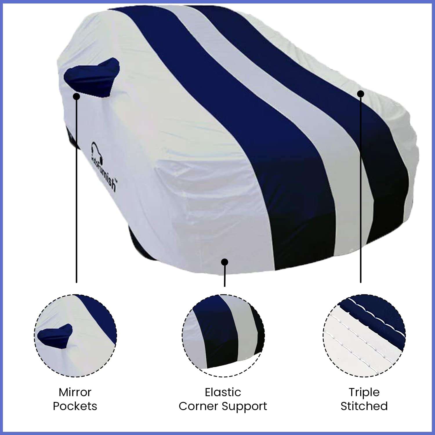 AutoFurnish ARC Blue Car Cover - Tata Indica | Water Resistant | Stripe Design | Triple-Stitched | Dust and Heat Protection | 190T Taffeta | Elastic Bottom| Heavy Buckle | Mirror Pockets | Stylish Car Accessories (Blue) 2