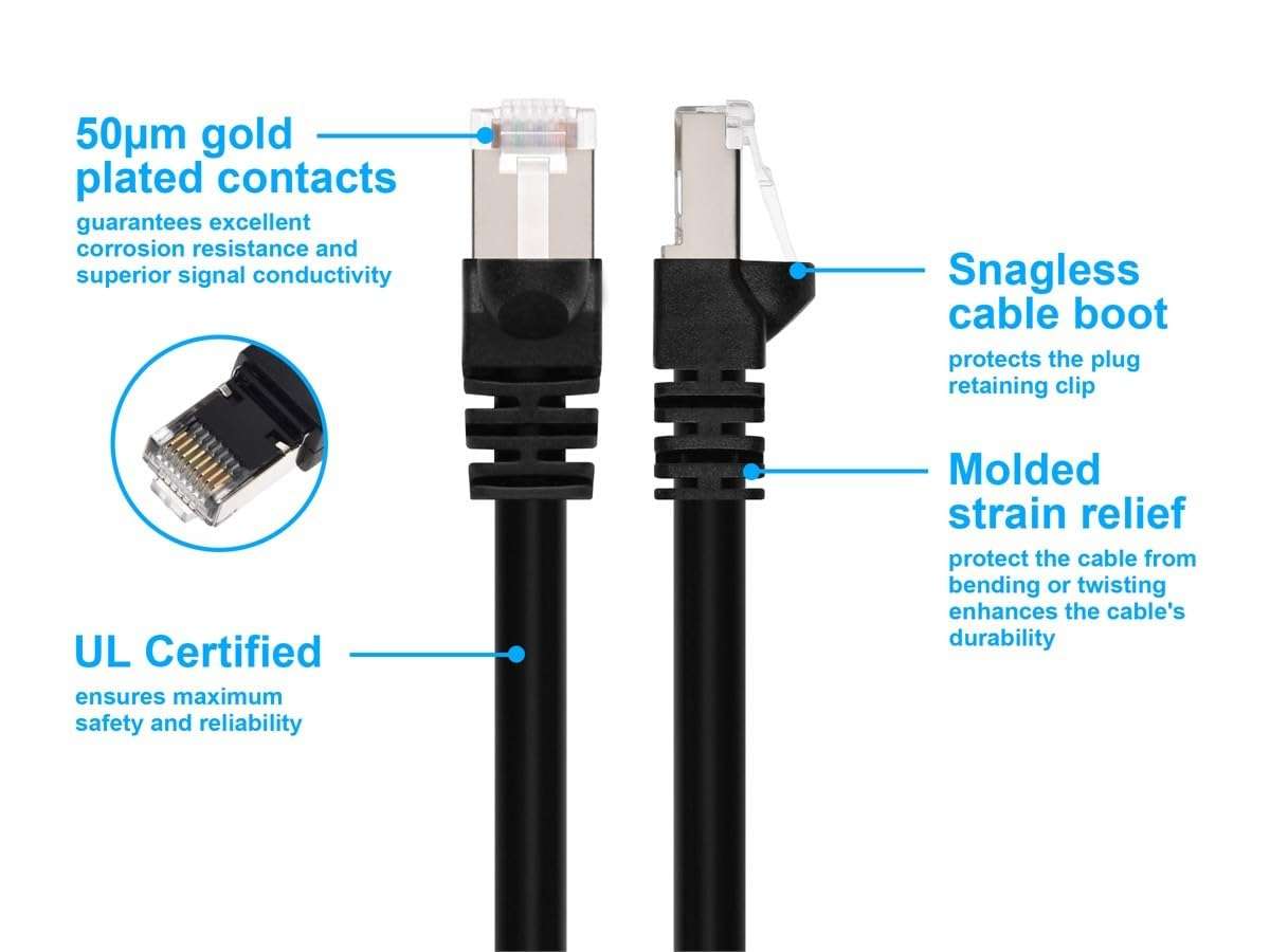 Monoprice Cat6A 3ft Black Patch Cable Double Shielded (S/FTP) 26AWG 10G Pure Bare Copper Snagless RJ45 Fullboot Series Ethernet Cable 4