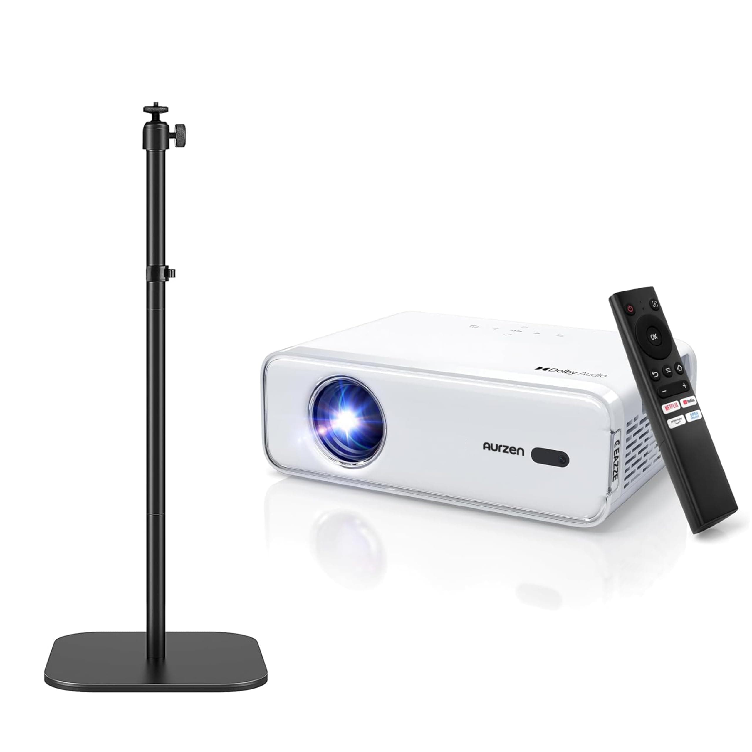 Aurzen EAZZE D1 Smart Projector with 360° rotatable 15.75"-47.24" Height Adjustable Floor Stand, DoIby Audio & 36W Speakers, Auto Focus & Keystone, NetfIix Official 350 ANSI movie projector, Gold 1