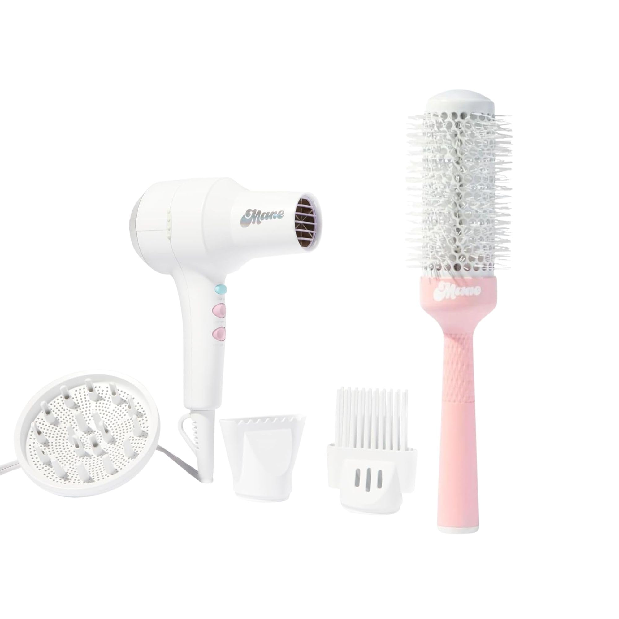 Mane Blowout Set – Ionic Compact Hair Dryer with Diffuser, Wide Tooth Comb & Nozzle + 33mm Ceramic Round Brush for Voluminous, Frizz-Free Blowouts 1
