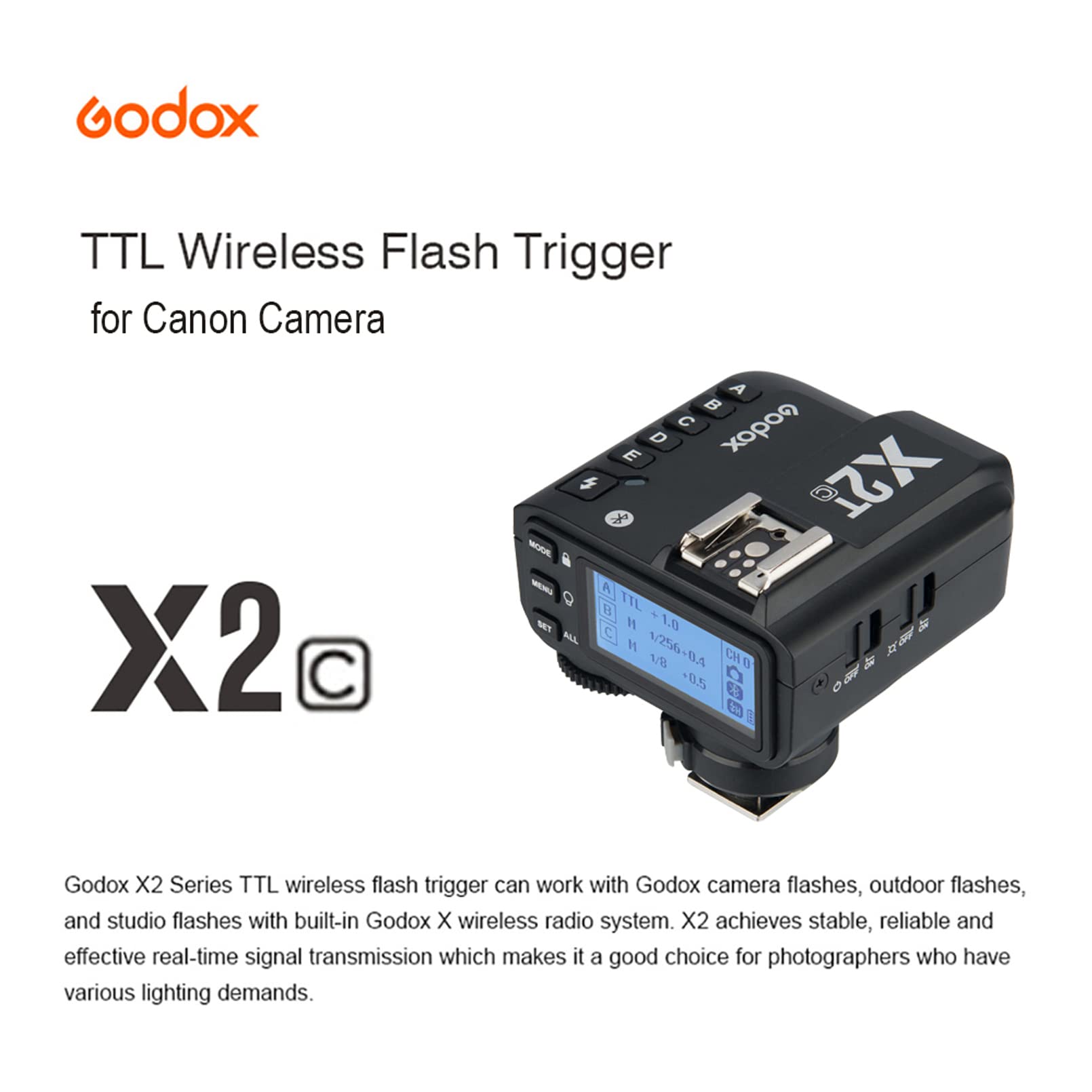 Godox X2T-C TTL Wireless Flash Trigger for Canon, 1/8000s high-Speed sync,5 Separate Group Buttons, and 3 Function Buttons to Realize Quick Setting 2