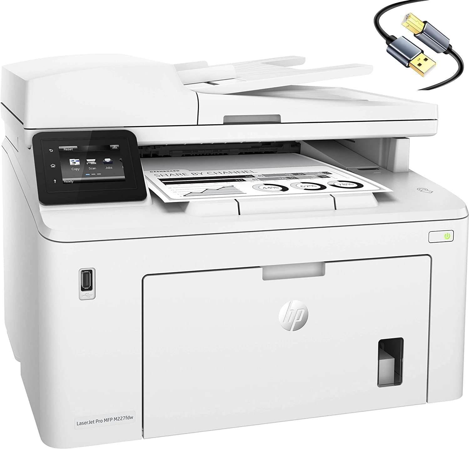 HP Laserjet Pro MFP M227fdw All-in-One Wireless NFC Monochrome Laser Printer - Print Scan Copy Fax -2.7" Touchscreen, 30 ppm, Auto Duplex Printing, 35-Sheet ADF, Ethernet, White, Cbmou Printer Cable 1