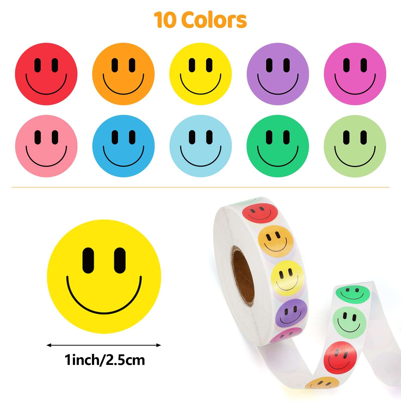 2000PCS Happy Face Stickers, 1 Inch, 10 Colors, Stickers for Kids Reward, Water Bottle Smiling Stickers, for Student Planner and School Classroom Teacher Charts Calendar Gift Wrapping 3