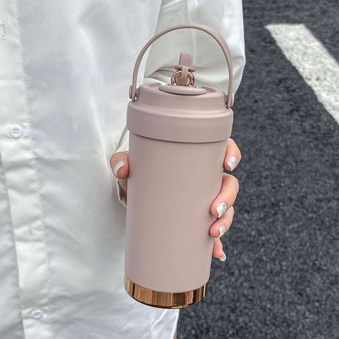 YELONA Vacuum Insulated 316 Stainless Steel Travel Mug/Flask/Thermos with Glass Straw, 8 Hours Hot/Cold Retention Coffee Tumbler (Almond Brown, 500ml) 5