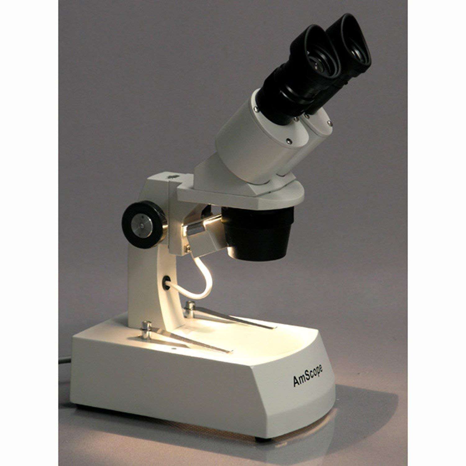 AmScope SE306R-AZ Forward-Mounted Binocular Stereo Microscope, WF10x and WF20x Eyepieces, 20X/40X/80X Magnification, 2X and 4X Objectives, Upper and Lower Halogen Lighting, Reversible Black/White Stage Plate, Arm Stand, 120V 4
