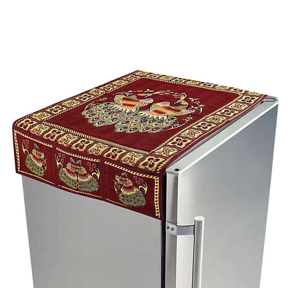 Madhabi Cotton Fridge Top Cover Set with Peacock Design | Dustproof Refrigerator Cover with 6 Utility Side Pockets | Standard Size 100x60 cm | Appliance Cover for All Types of Fridges 1