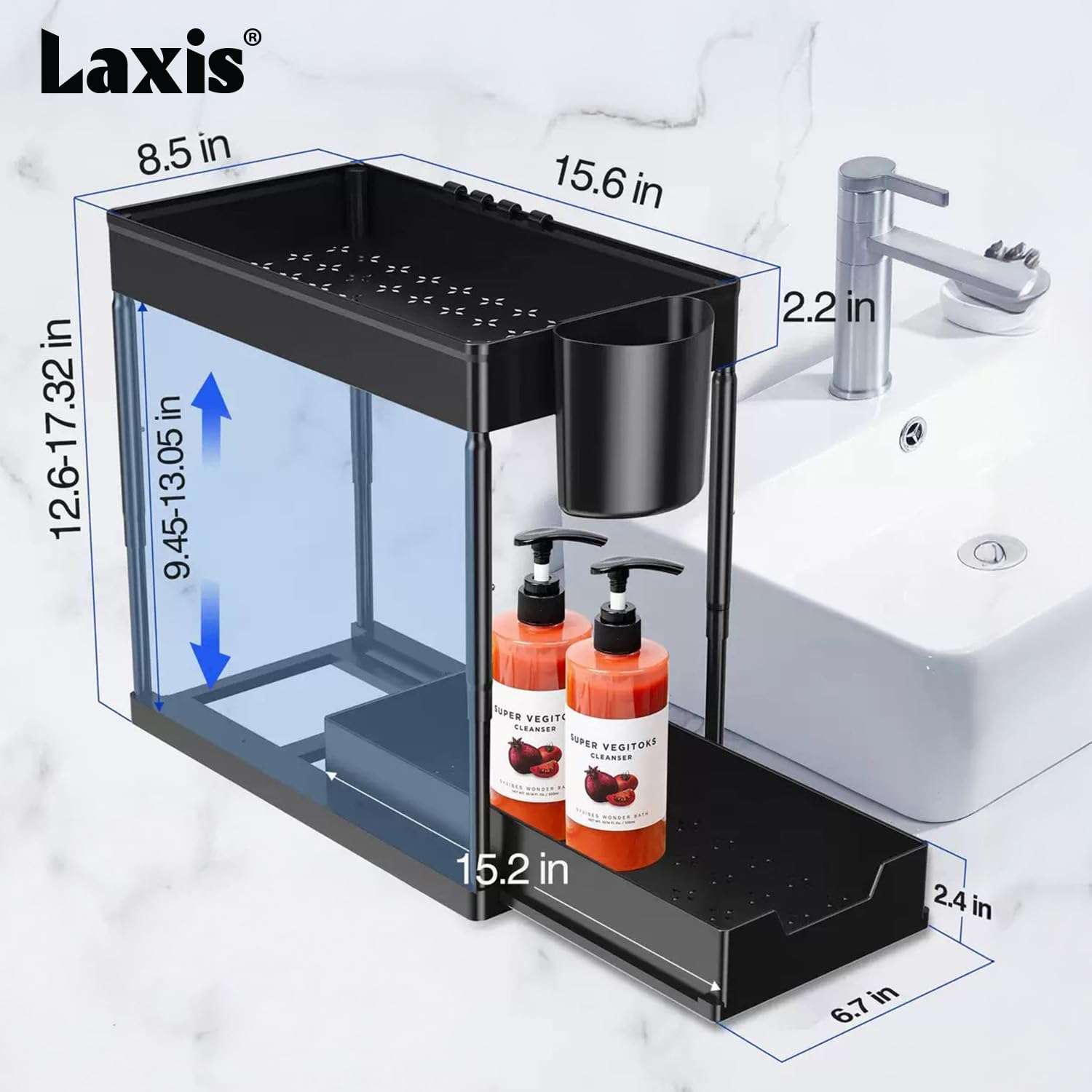 LAXIS® Kitchen Sink Organiser Under Sink Storage Organizer With Removable Hooks & Hanging Cup Kitchen Organizer With Abs Plastic Rack For Kitchen Storage & Bathroom Storage Cabinet Shelf Undersink 3