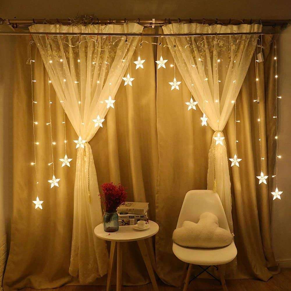 MIRADH 16 Stars 136 Led Curtain String Fairy Lights,Curtain String Lights With 8 Flashing Modes (Battery Powered ,Plastic,Warm-White),3 meters 1
