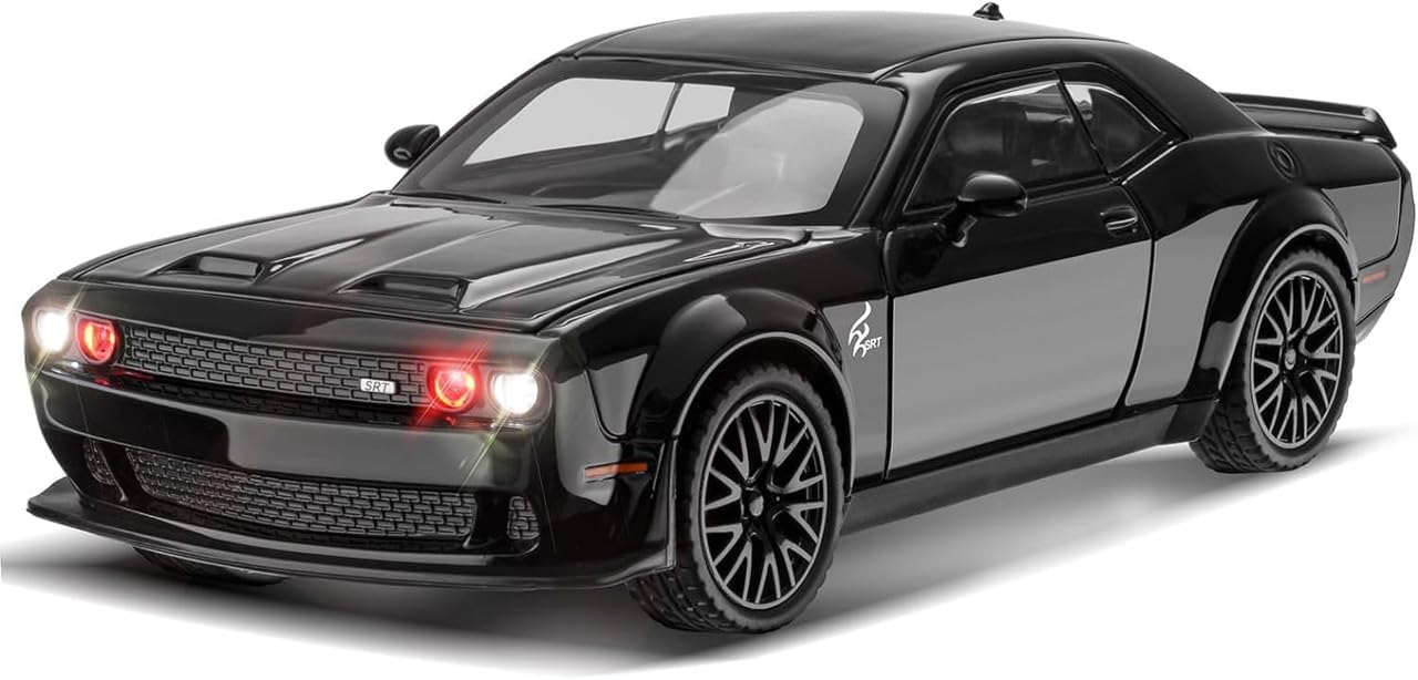 RJKD New 1:24 Dodge Challenger Alloy Die-Cast Metal Car Pull-Back Action with Openable Doors Realistic Sound and Light Effects Car for Kids - Black