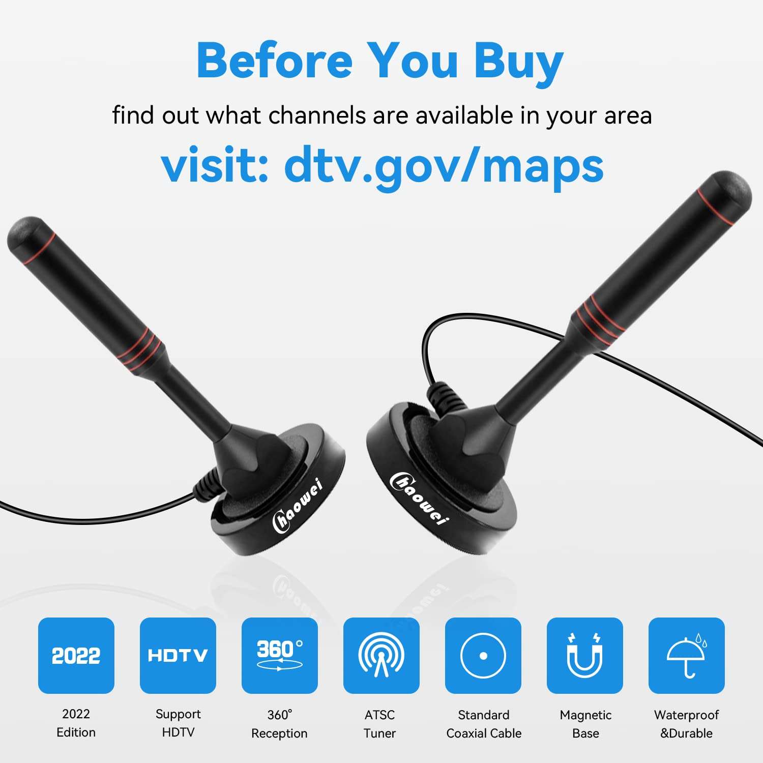 Chaowei Digital TV Antenna-DVB66 Portable Indoor Outdoor TV Antenna with Magnetic Base,16.5ft Long Cable,Omnidirectional Receiving-Support 4K 1080P TV 3