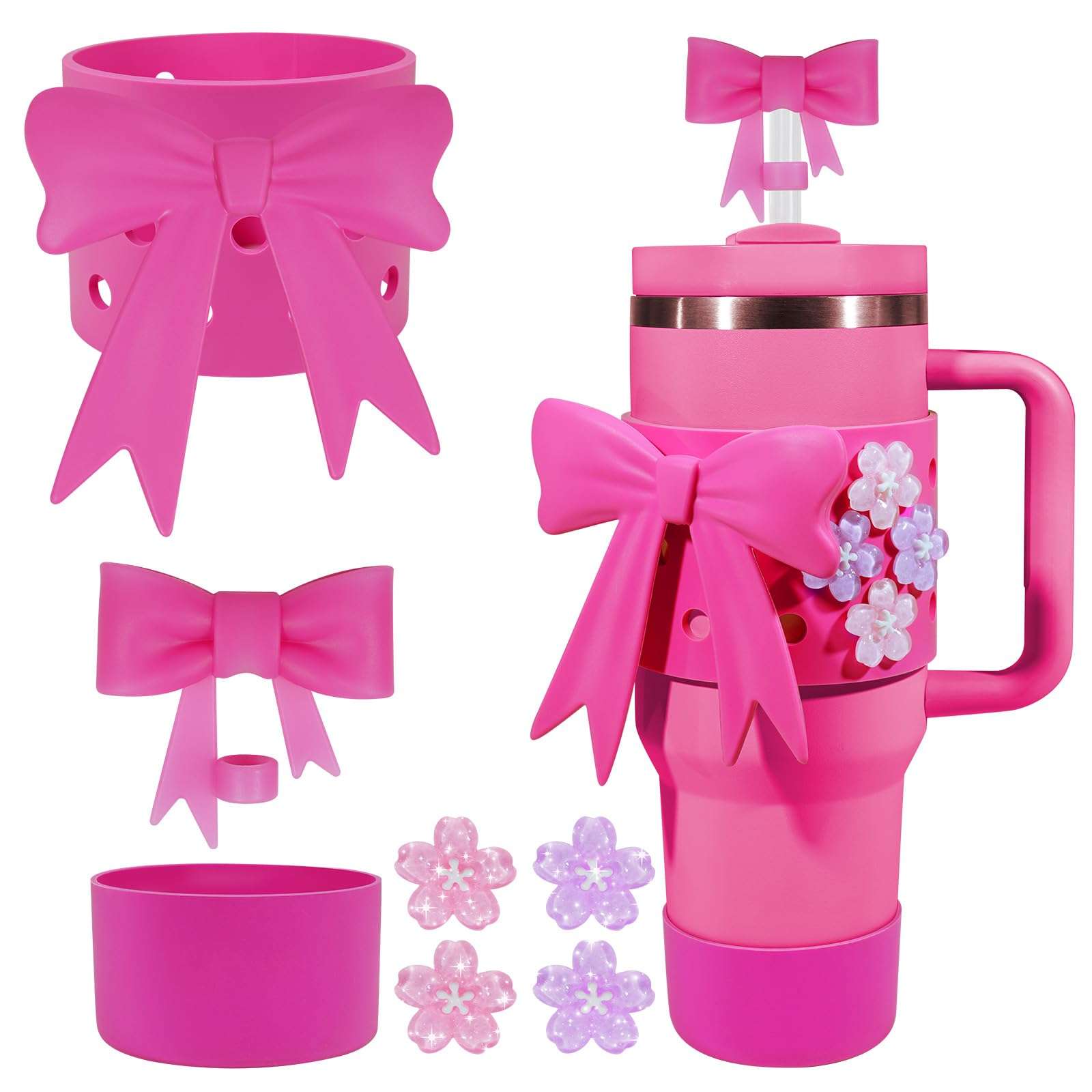 Miglaja Accessories for Stanley Cup 40OZ, Silicone Bow Set Contains Bows Straw Cover, Holey Cups Cover，Cup Boot, Flower Charms and Big Bow(Fuchsia) 1