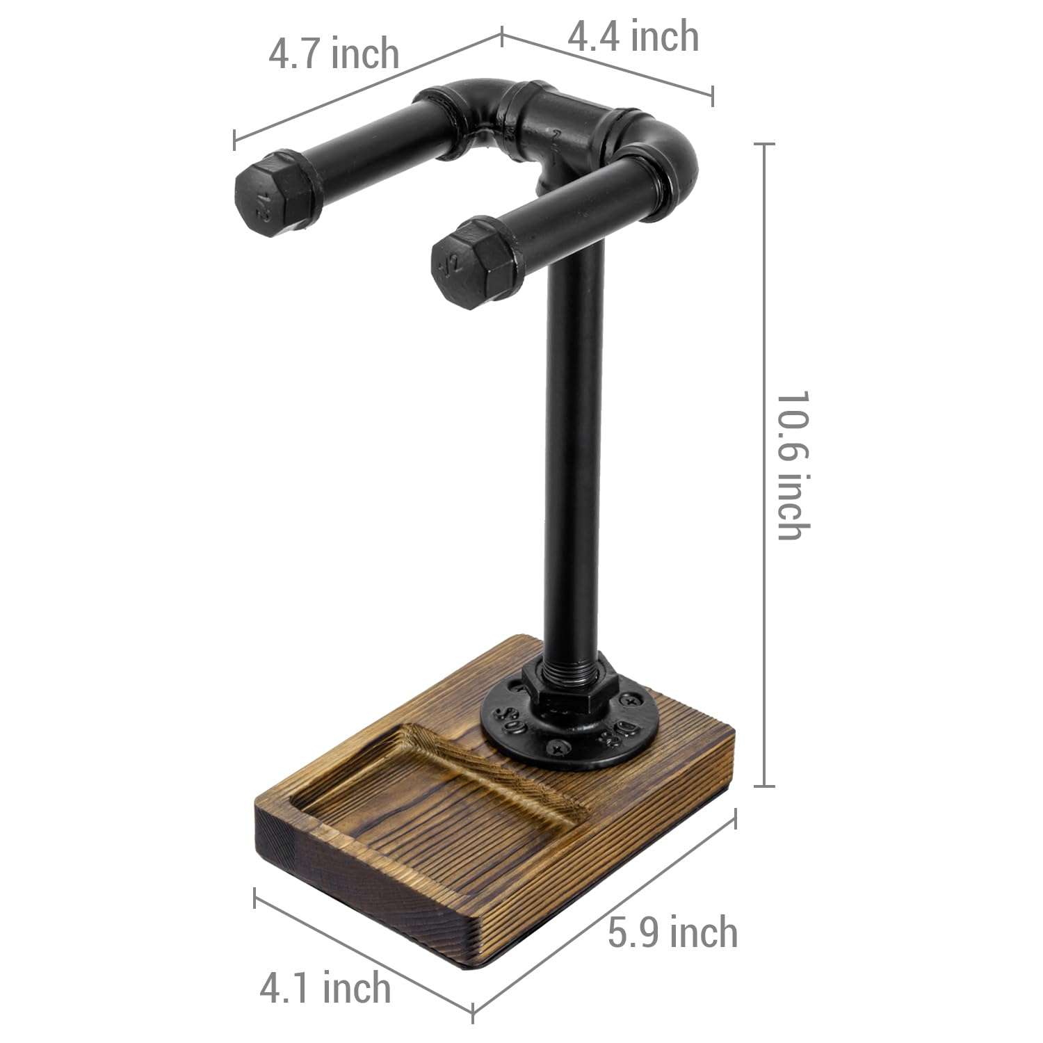 MyGift Headphone Stand, Industrial Black Metal Pipe Universal Desktop Headset Holder with Burnt Solid Wood Tray 6