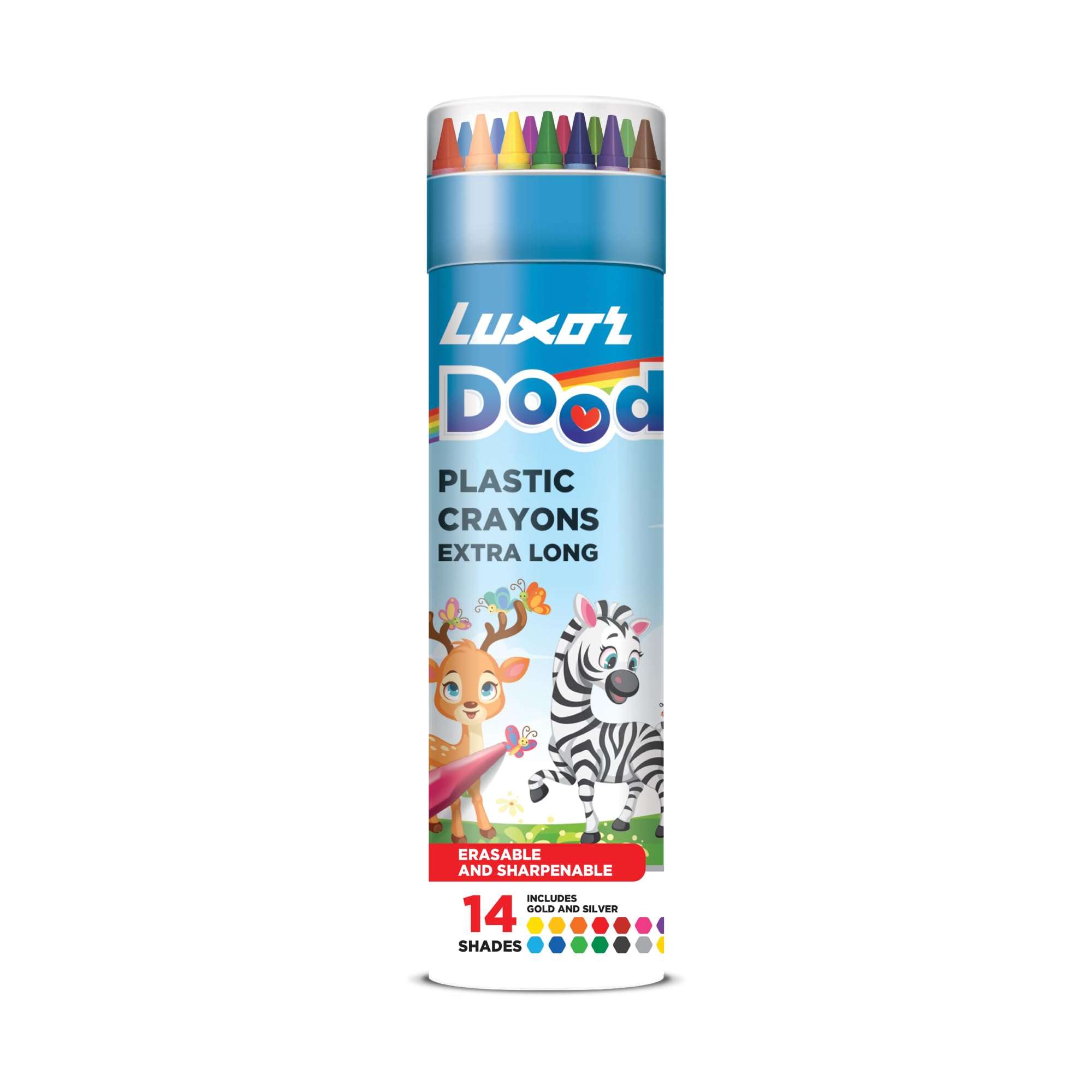 Luxor Doodles Extra Long Plastic Crayons|14 Assorted Shades| 1 Free Sharpener | Perfect For Young Artists 1