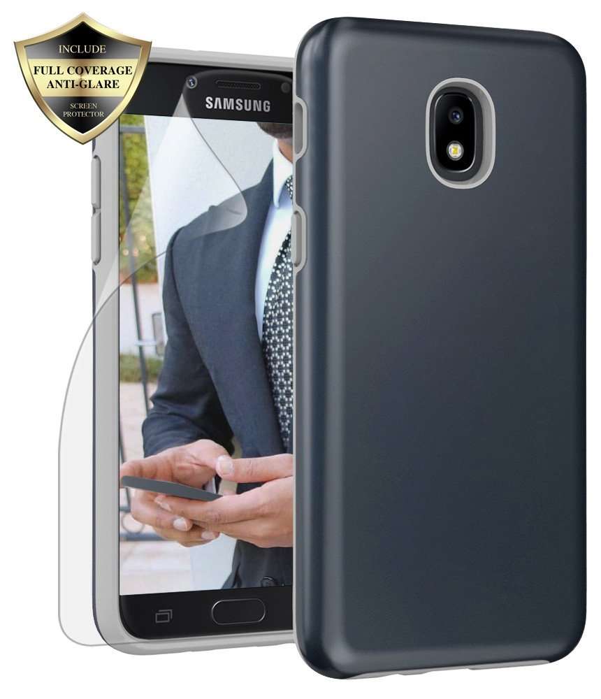 Androgate Galaxy J3 Orbit/ J3V J3 V 3rd Gen/Express Prime 3/ J3 Star/ J3 Achieve/Amp Prime 3/ J3 Aura/Sol 3 Case, Hybrid Matte Cover Case with Screen Protector for Samsung Galaxy J3 2018, Dark Blue 1