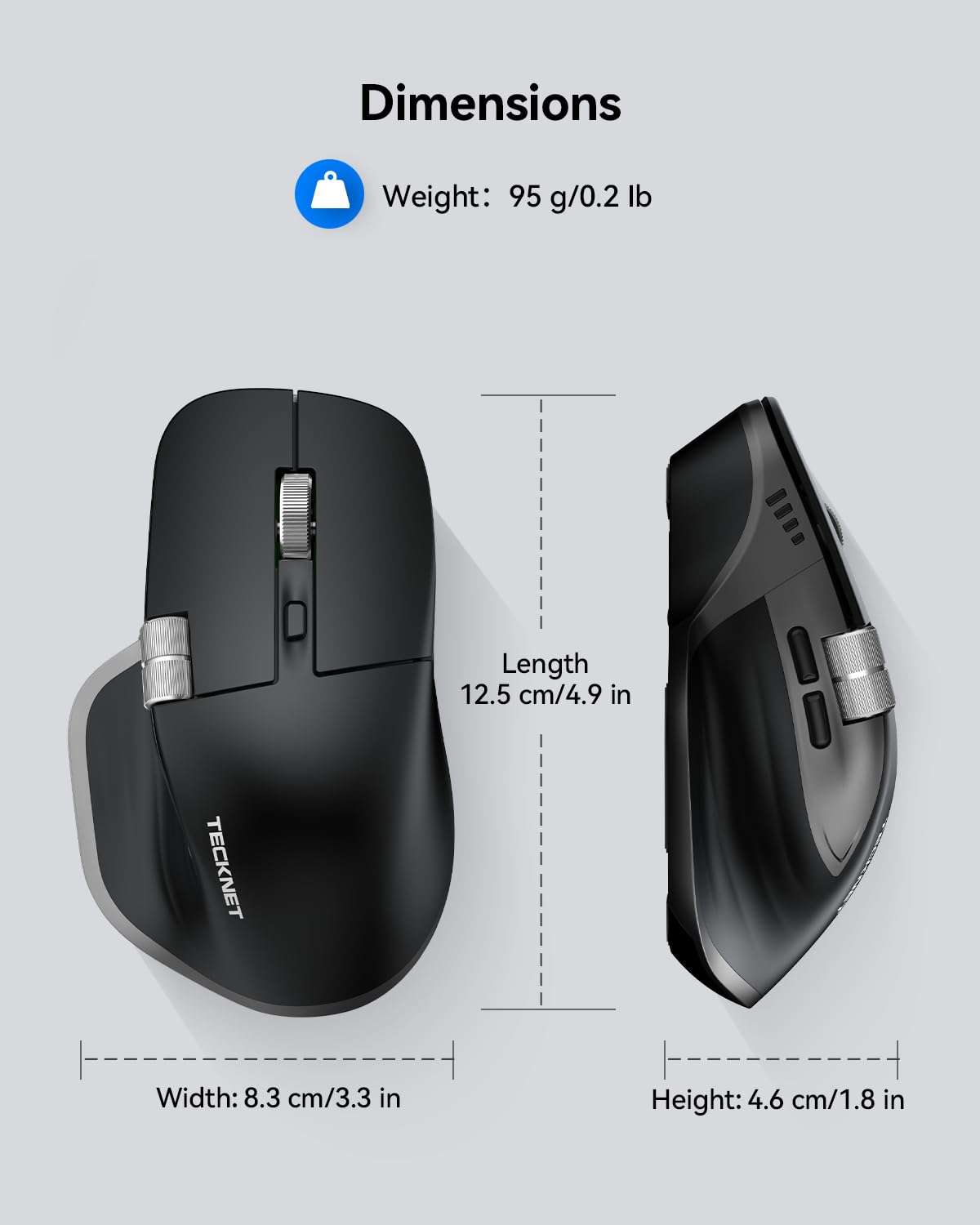 TECKNET Wireless Mouse, Bluetooth Mouse (BT5.3/5.0 & 2.4G) Rechargeable Ergonomic Optical Mouse with 6 Adjustable DPI, Side Scroll, Quiet Clicks, USB A Receiver, 7 Buttons, Wide Compatibility - Black 6