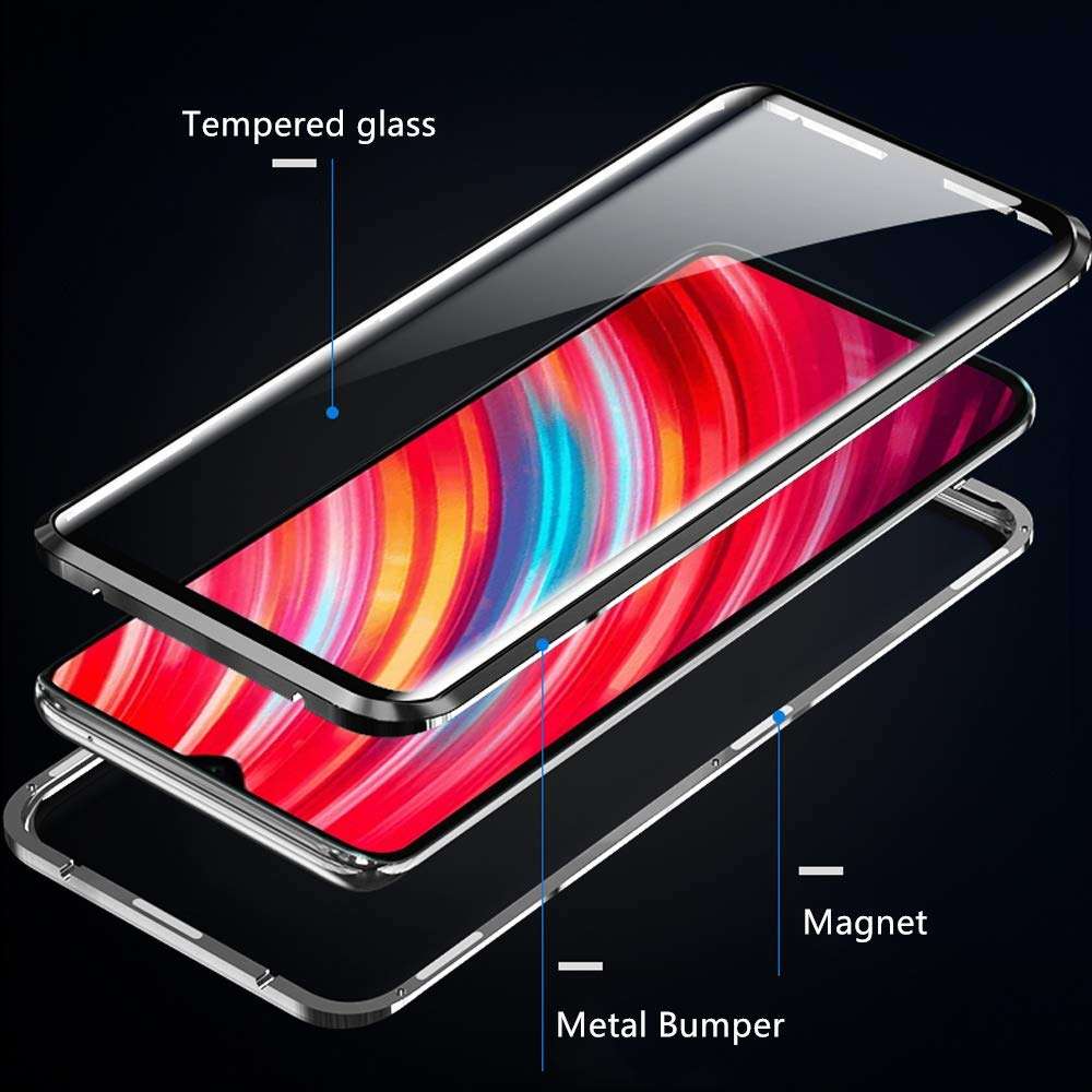 Compatible with Xiaomi Redmi Note 8T (6.3 inch) Case, Jonwelsy 360 Degree Front and Back Transparent Tempered Glass Cover, Strong Magnetic Adsorption Technology Metal Bumper for Redmi Note 8T (Black) 3