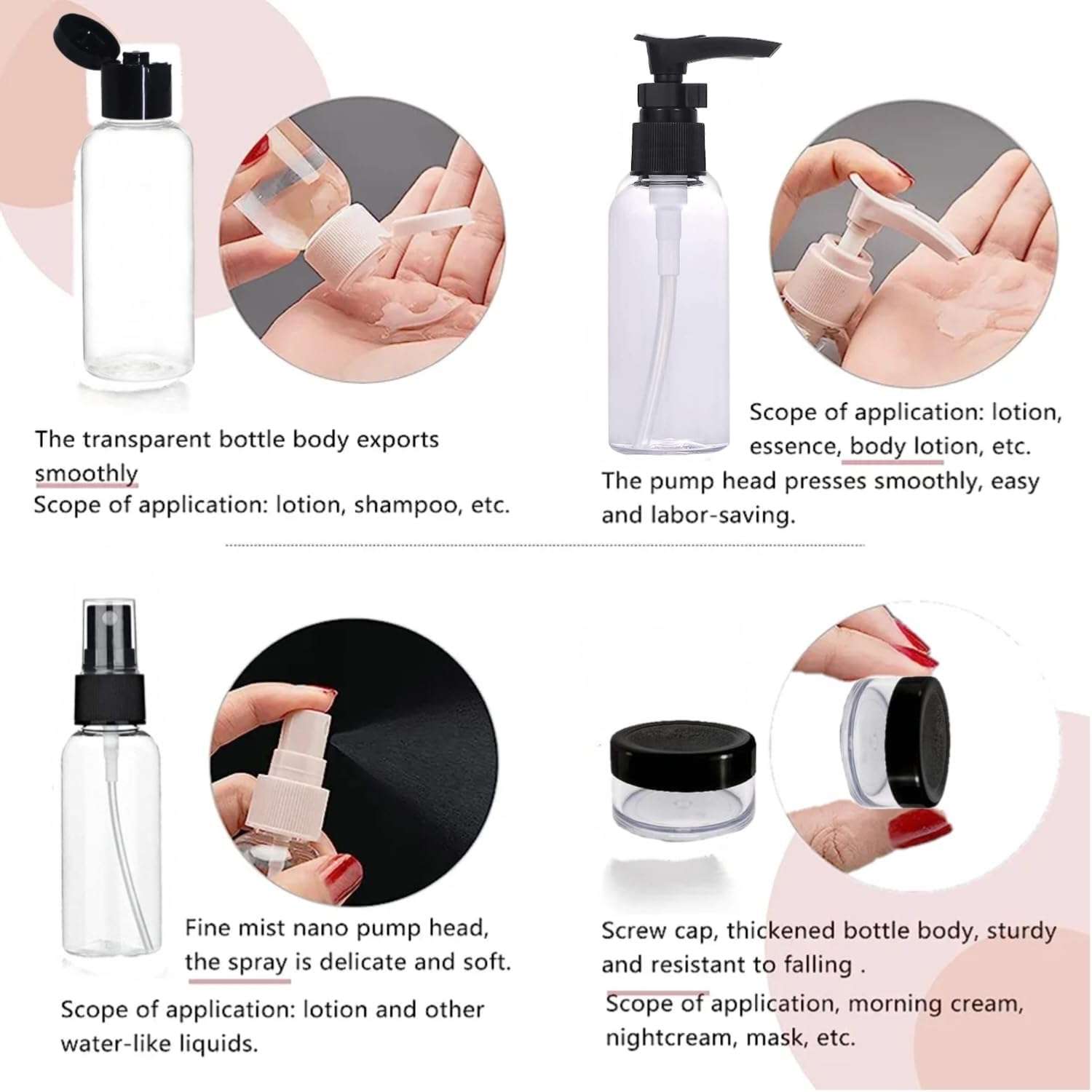 Toxen Bottle Travel Kit with 3 Container Plastic Mini Travel Bottle Set, Portable Refillable Makeup Sprayer Containers for Perfume, Liquids, Aromatherapy 5