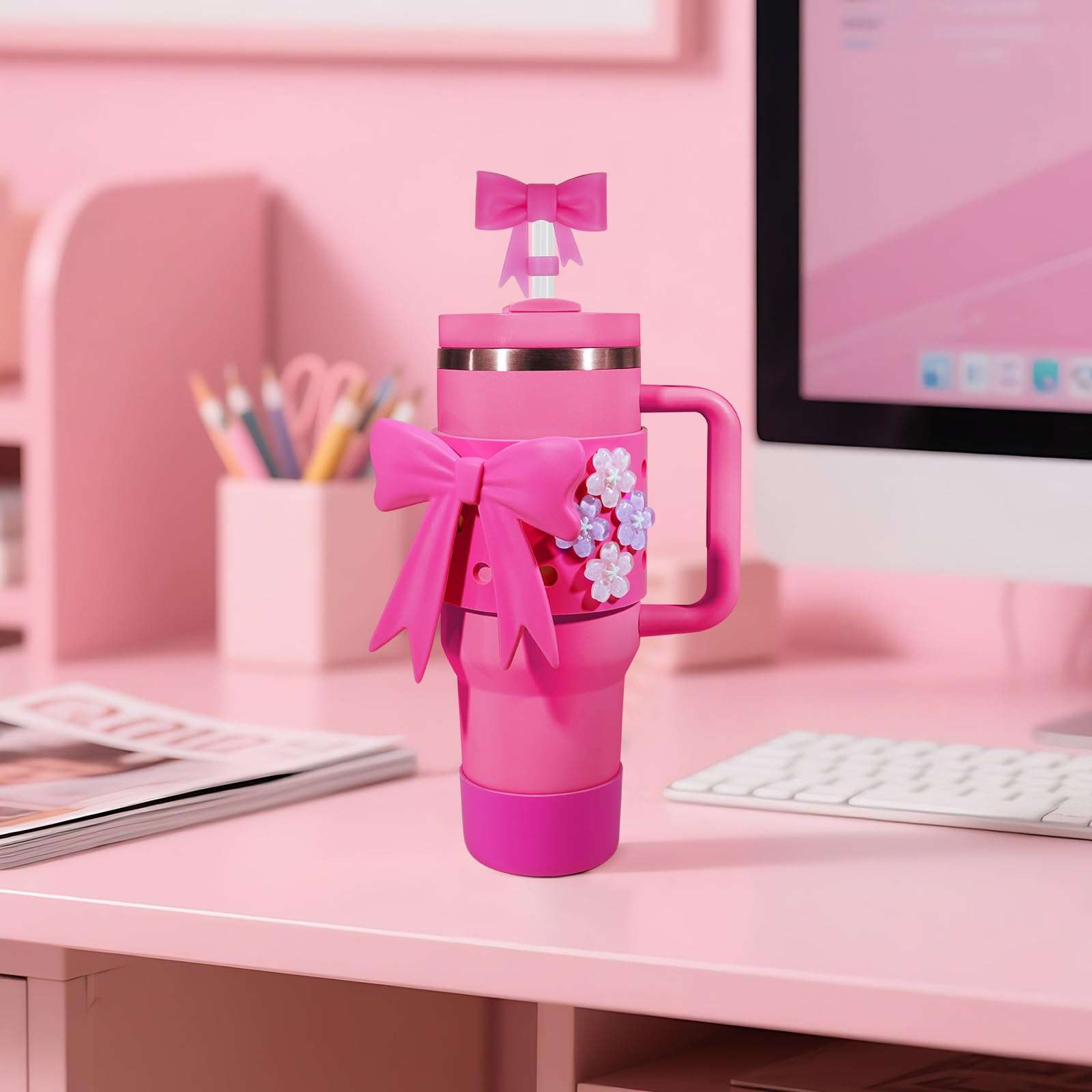 Miglaja Accessories for Stanley Cup 40OZ, Silicone Bow Set Contains Bows Straw Cover, Holey Cups Cover，Cup Boot, Flower Charms and Big Bow(Fuchsia) 4