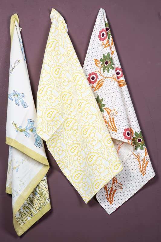 CONTRAST LIVING Yklo Hand Block Printed Kitchen Towel/Dish Towel/Hand Towel Multi Color Set of 3 Pcs 1