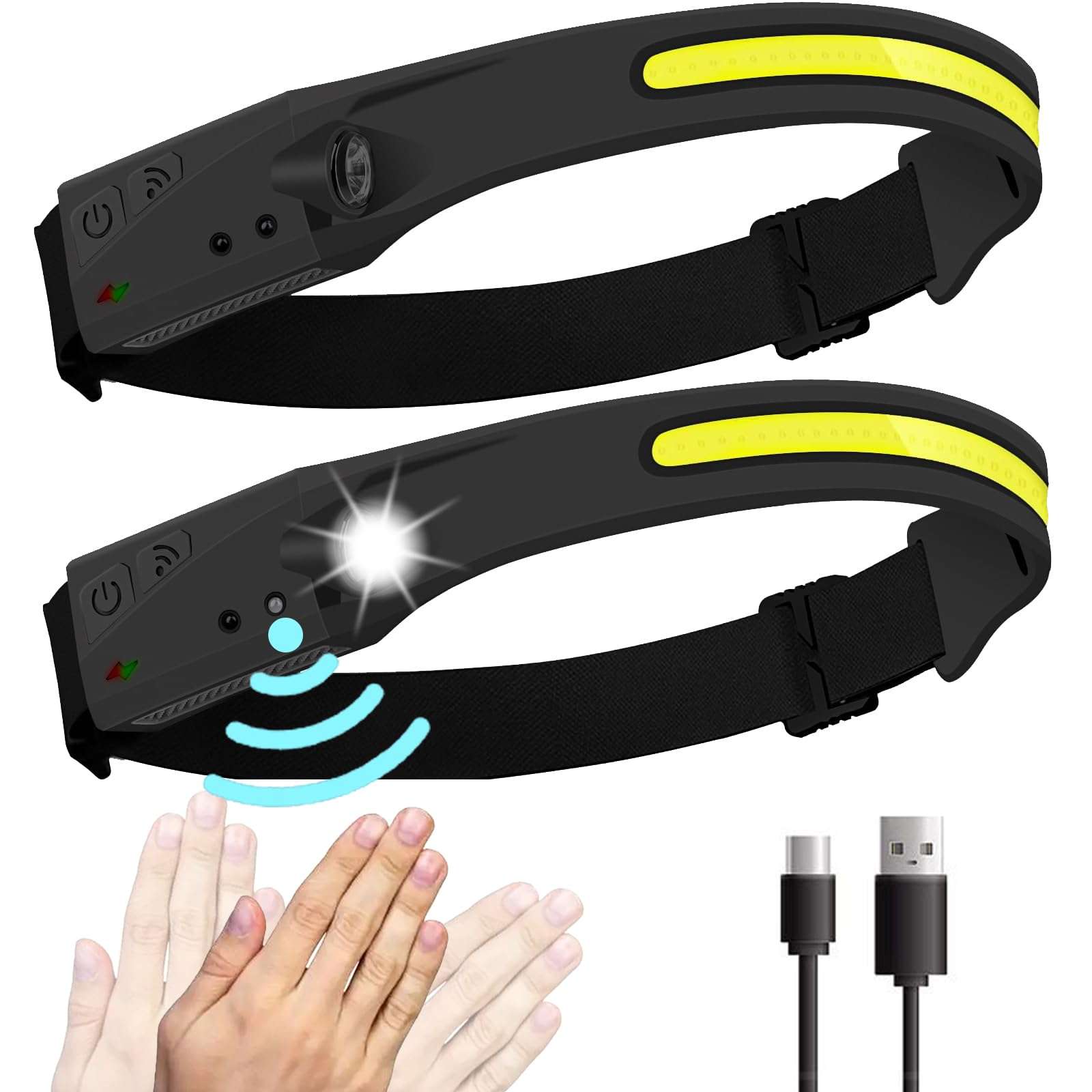 infisu Headlamp Rechargeable 2PCS, 230° Wide Beam Head Lamp LED with Motion Sensor for Adults - Camping Accessories Gear, Waterproof Head Light Flashlight for Running, Repairing, Fishing, Cycling 1