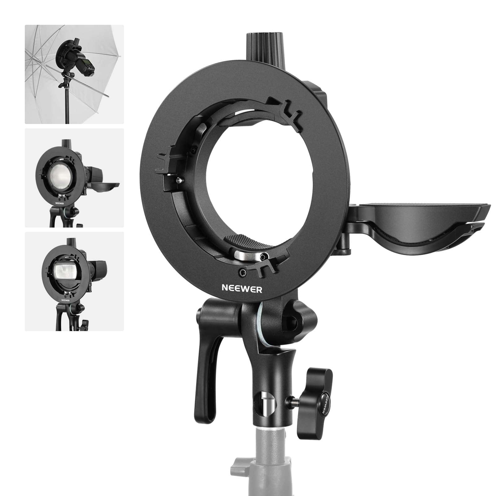 NEEWER CRB1 S Type Bracket Holder with Bowens Mount & Umbrella Hole for Z2 Z1 Z760 NW760 NW700 TT560 Q3 Square Head Round Head Flash Speedlite Compatible with Godox AD200Pro V1