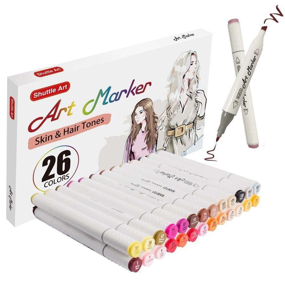 Shuttle Art 26 Colors Skin Tone & Hair Dual Tip Alcohol Based Art Markers, Permanent Marker Pens Double Ended with Fine Bullet and Chisel Point Tips Perfect for Face, Flesh, Manga, Portrait, Sketch 1