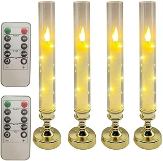 4 Pcs Flameless Candle with Remote Timer, Flickering Battery Operated LED Taper Candles with Embedded Star String Gold Candle Holders for Home, Wedding, Party Christmas Window Candles