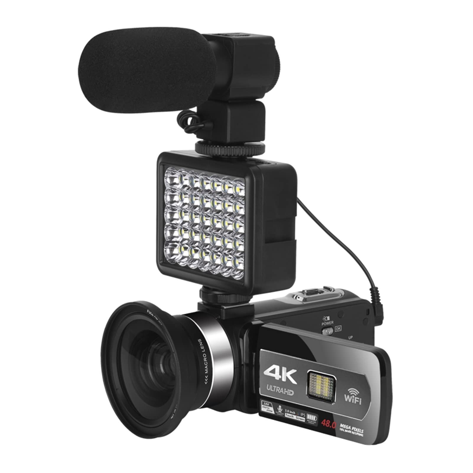 PACUM 4K Digital Vlog Camera Camcorder with Microphone Video Camera Vlogging Camcorder 48MP for Vlog Recording with WiFi (Size : 128GB SD Card, Color : AF6-Mic-Lens-Light) 1