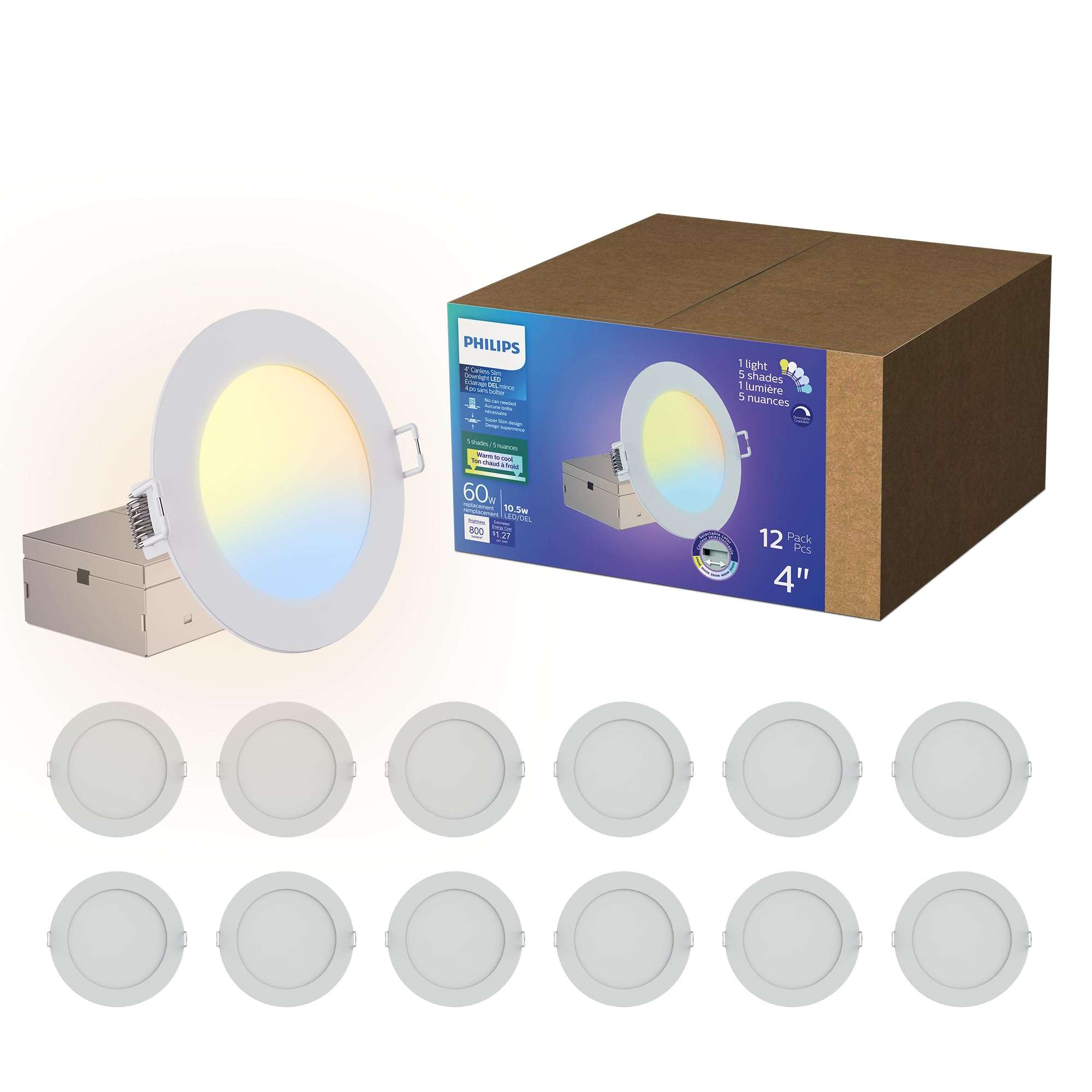 Philips LED 4-Inch Slim Downlight, 12 Pack, Canless Design, 800 lm, Dimmable, EyeComfort, 10.5W, 5 CCTs 2700-3000-3500-4000-5000K, 25,000 Hours 1