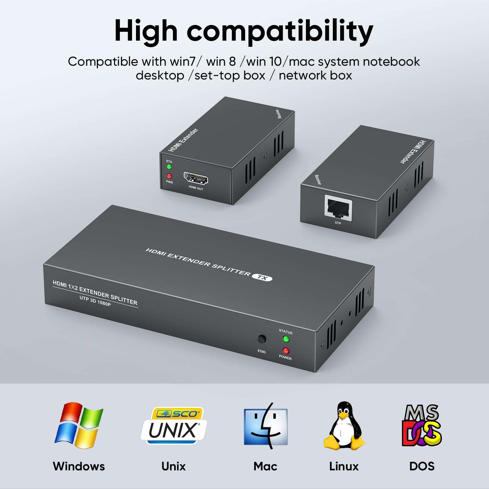 HDMI Extender Splitter 1x2, HD1080P@60Hz & 3D Visual, Extending 165ft (50m) Length Transmission Over CAT5e/CAT6/CAT7 Cable, 2 Channel Transmission with 2 HDMI Loop Out1 6