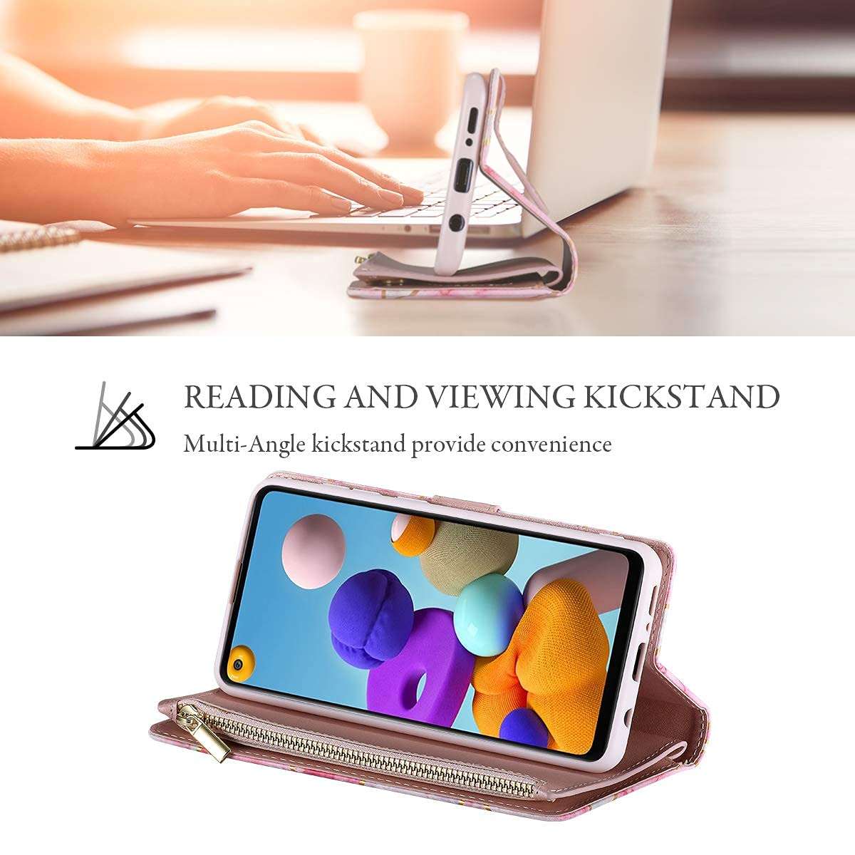 UEEBAI Wallet Case for Samsung Galaxy A21S, PU Leather Case Magnetic Closure Handbag Zipper Pocket Case Kickstand Card Slots with Hand Strap Marple Flip Case for Women - Pink Purple 3