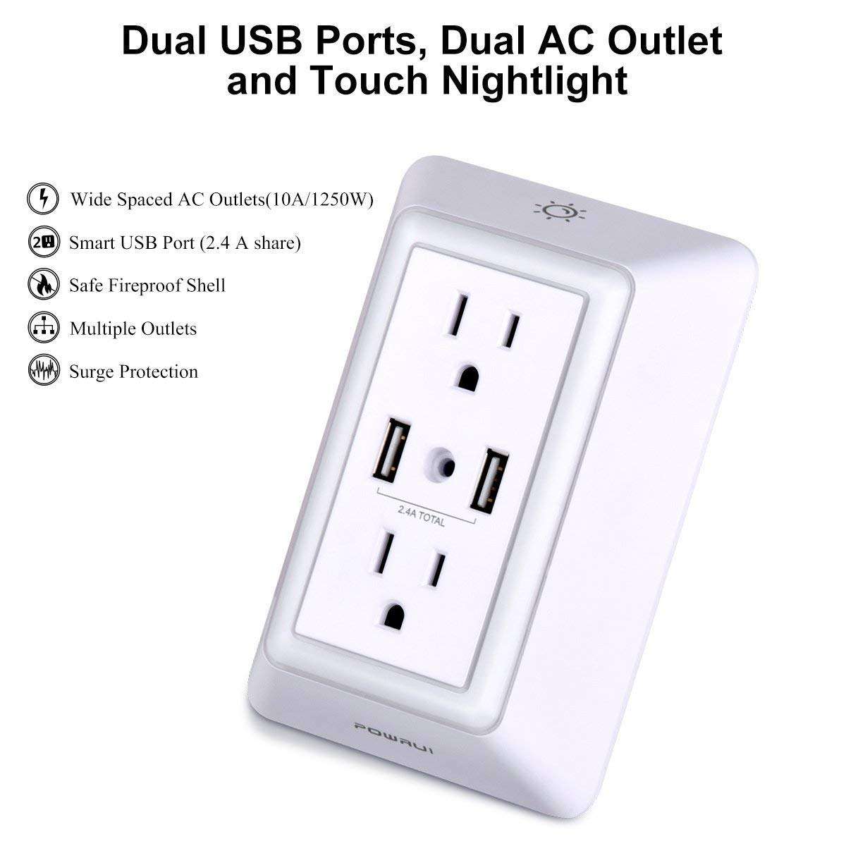 USB Wall Charger, Surge Protector, POWRUI USB Outlet with 2 USB Ports (2.4A Total) and Dusk-to-Dawn Sensor Night Light, 1080Joules, ETL Listed - White (2-Pack) 2