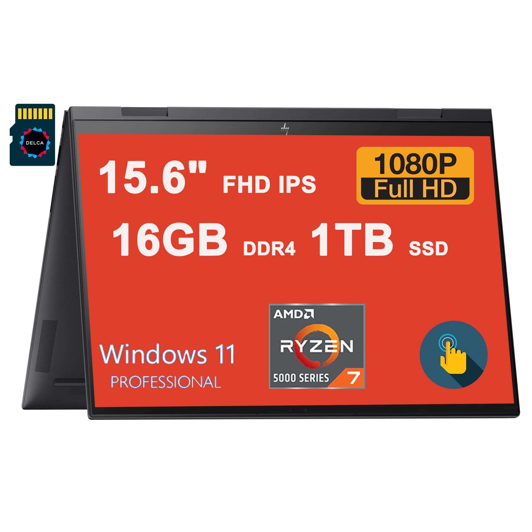 HP Envy X360 15 2-in-1 Laptop | 15.6" FHD IPS Multi-Touch Display | AMD 8-Core Ryzen 7 5825U | 16GB DDR4 1TB SSD | AMD Radeon Graphic | USB-C HDMI Fingerprint B&O Win11Pro Black + 32GB MicroSD Card 1