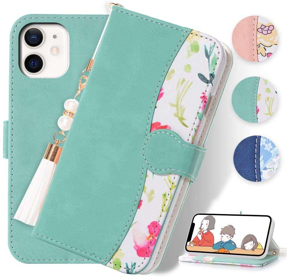 iPhone 12 iPhone 12 Pro Floral Series Wallet Case for Girls Women Lovely Flower Pattern PU Suede Leather Flip Cover Card Slots Stand Magnetic Closure Pearl Pendant Case for iPhone 12/12 pro 6.1 Inch 1