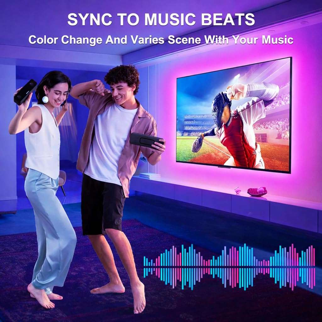 Gesto 5 Meter RGB LED TV Backlight with App & Remote Control | Music Sync, Bluetooth, 16 Million Colors | 5V USB Powered Bias Lighting for 55–80 Inch TVs | Ambient Strip Light for PC, Bedroom, Gaming 6