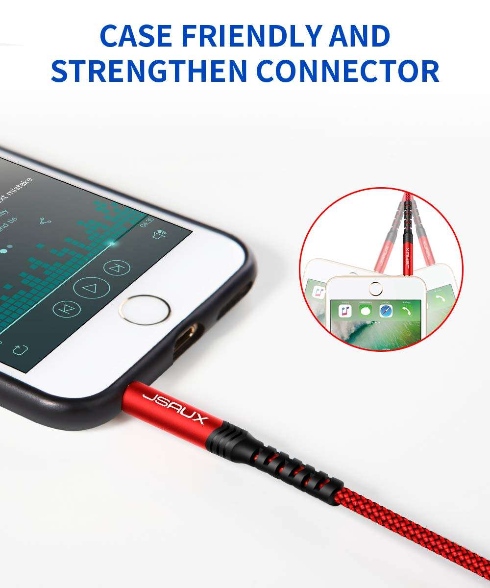 JSAUX 2 Pack AUX Cable, [4ft/1.2m- Copper Shell, Hi-Fi Sound] 3.5mm TRS Auxiliary Audio Cable Nylon Braided Aux Cord Compatible with Car/Home Stereos,Speaker,Headphones,Sony,Echo Dot,Beats - Red 5