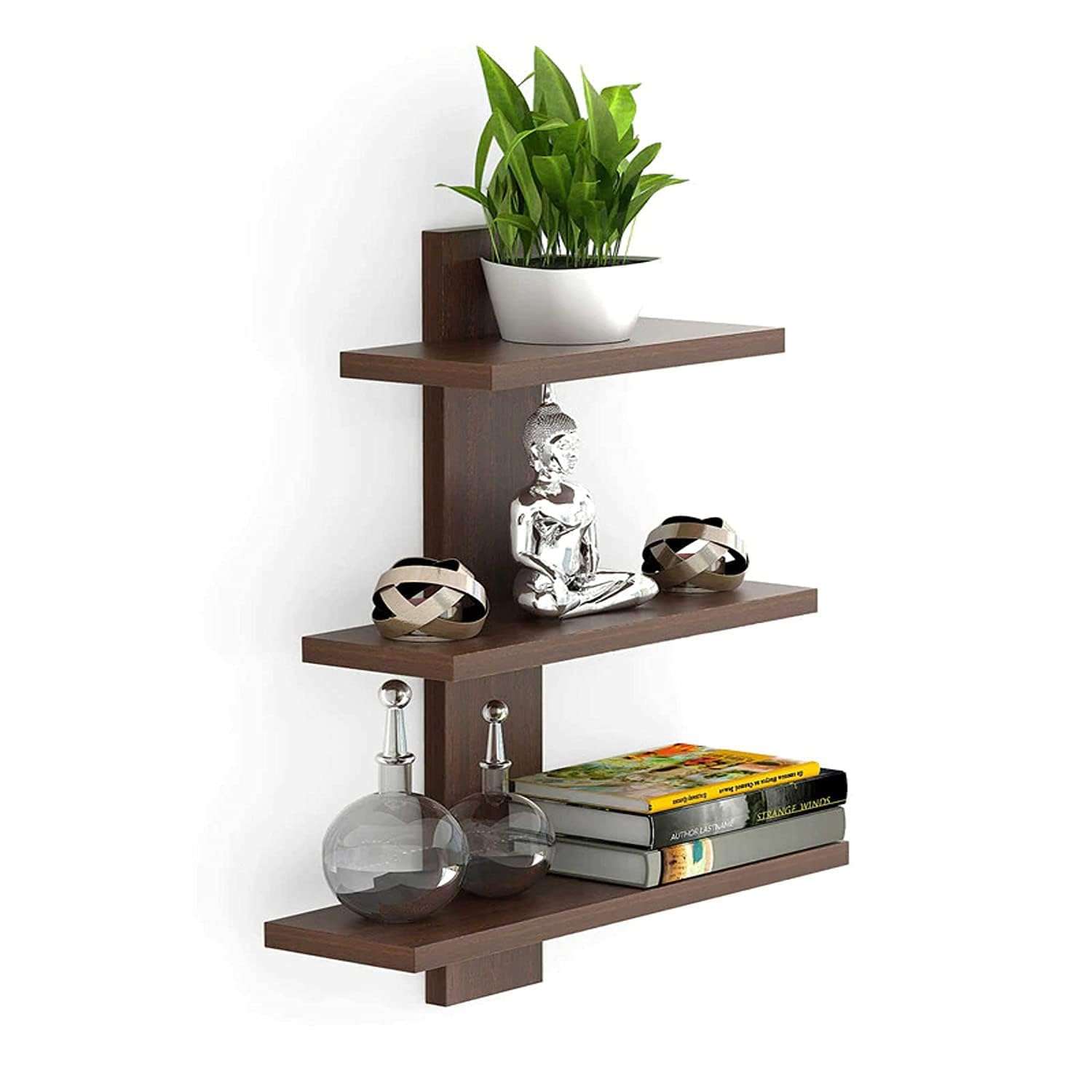 Kuber Industries Wooden Wall Shelf|Multipurpose Tree Shape Display Rack|Engineered Wood Mount 3 Tier Shelves for Office & Home D�cor (Brown) (Pack of 2) 3