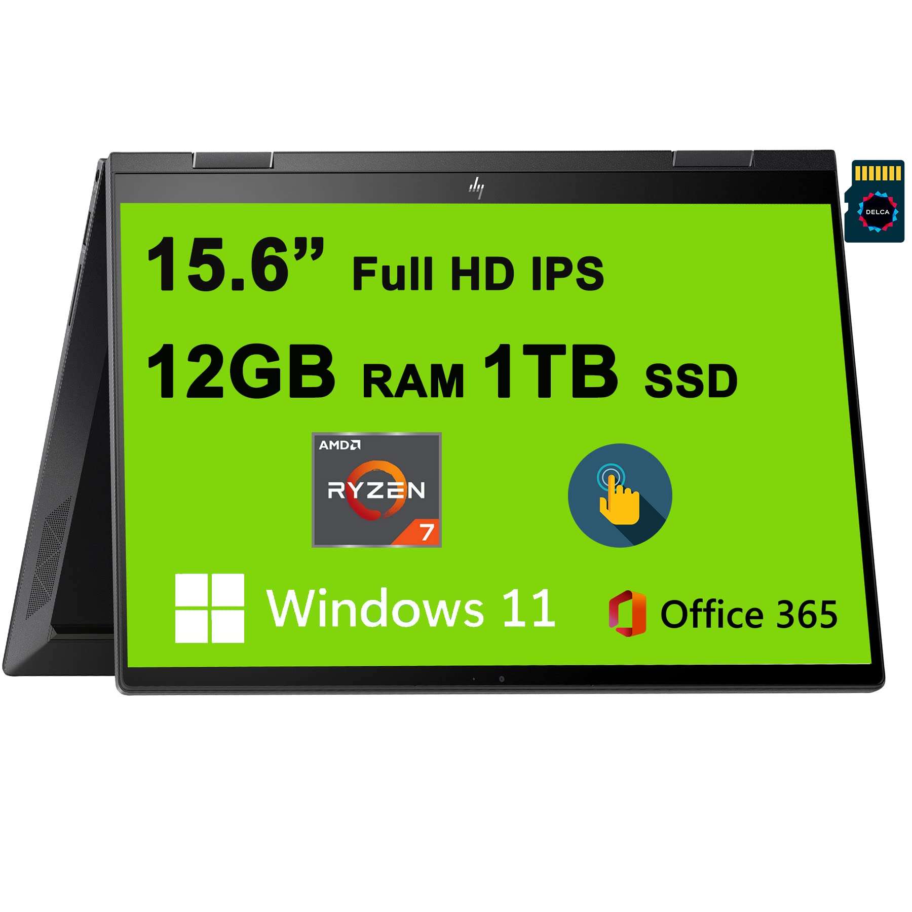 HP Envy X360 15 2-in-1 Laptop I 15.6” Full HD IPS Multi-Touch I AMD 8-Core Ryzen 7 5825U I 12GB DDR4 1TB SSD I AMD Radeon Graphic I Backlit USB-C HDMI Office365 Win11 Black + 32GB MicroSD Card 1