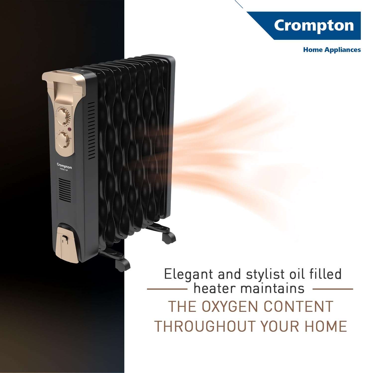 Crompton 09 Fin Insta Ferver wave Fin OFR (Oil Filled Radiator)|Room Heater|2400 W|3 Heat Settings & PTC Fan Heater|Over heat & Tilt protection |360° Heating (Black)|2yrs warranty|Black & Copper 6